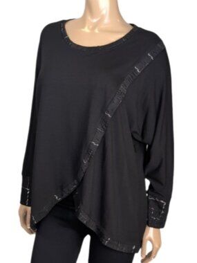 💠Red Coral TSC Wrap Tunic Top Womens Size Large Black Metallic Lace Relaxed Fit